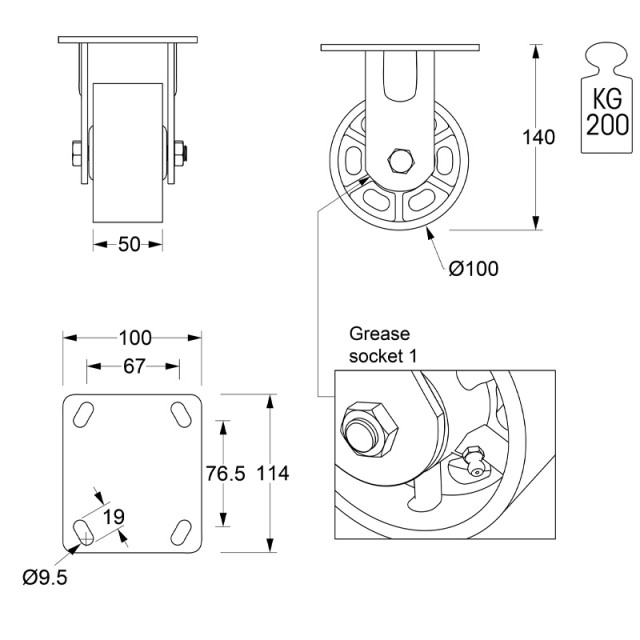 INDUSTRIAL NON ROTATING VINTAGE CASTER D.100, CAST IRON/ 200KG